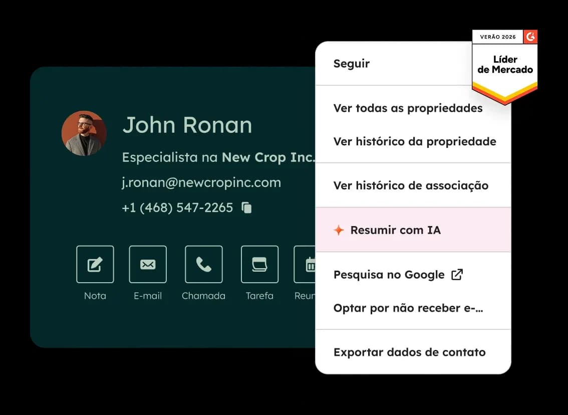 Interface oficial do HubSpot CRM mostrando um contato, ações comerciais e resumo com IA