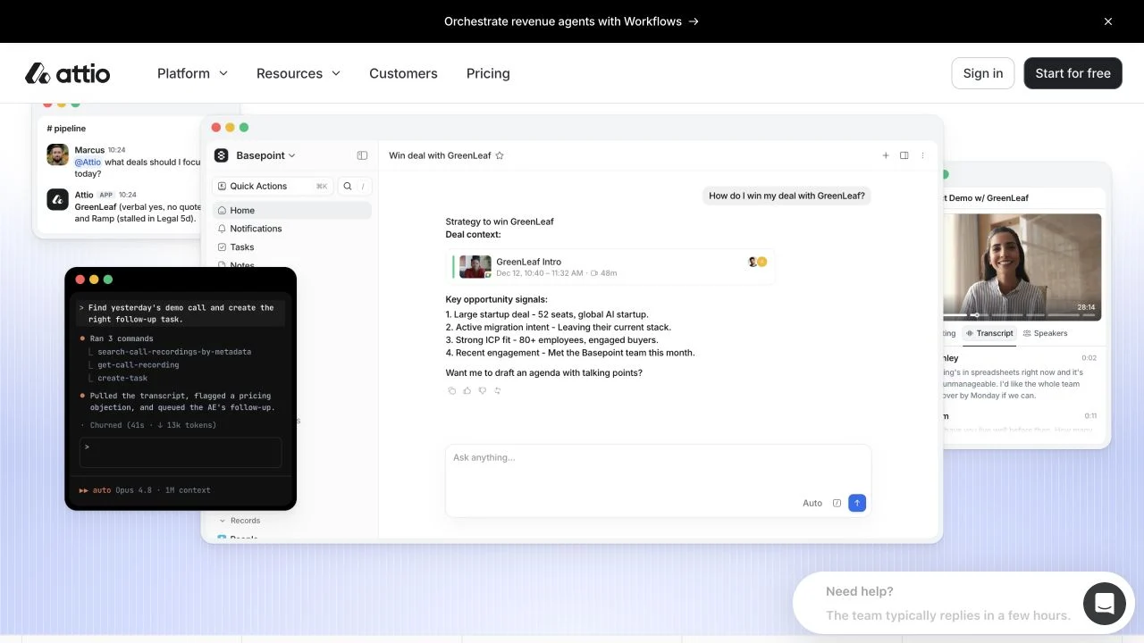 Página oficial do Attio mostrando o CRM agentivo com contexto de negócio e chamada gravada