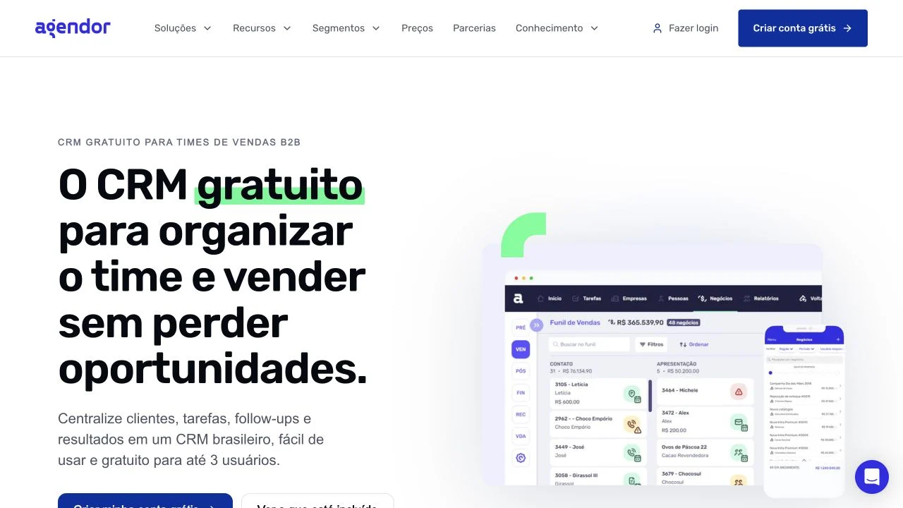 Página oficial do Agendor mostrando o funil de vendas no CRM para desktop e celular