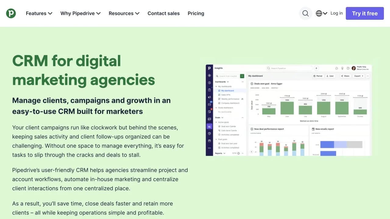 Página oficial do Pipedrive mostrando o painel de insights e relatórios do CRM