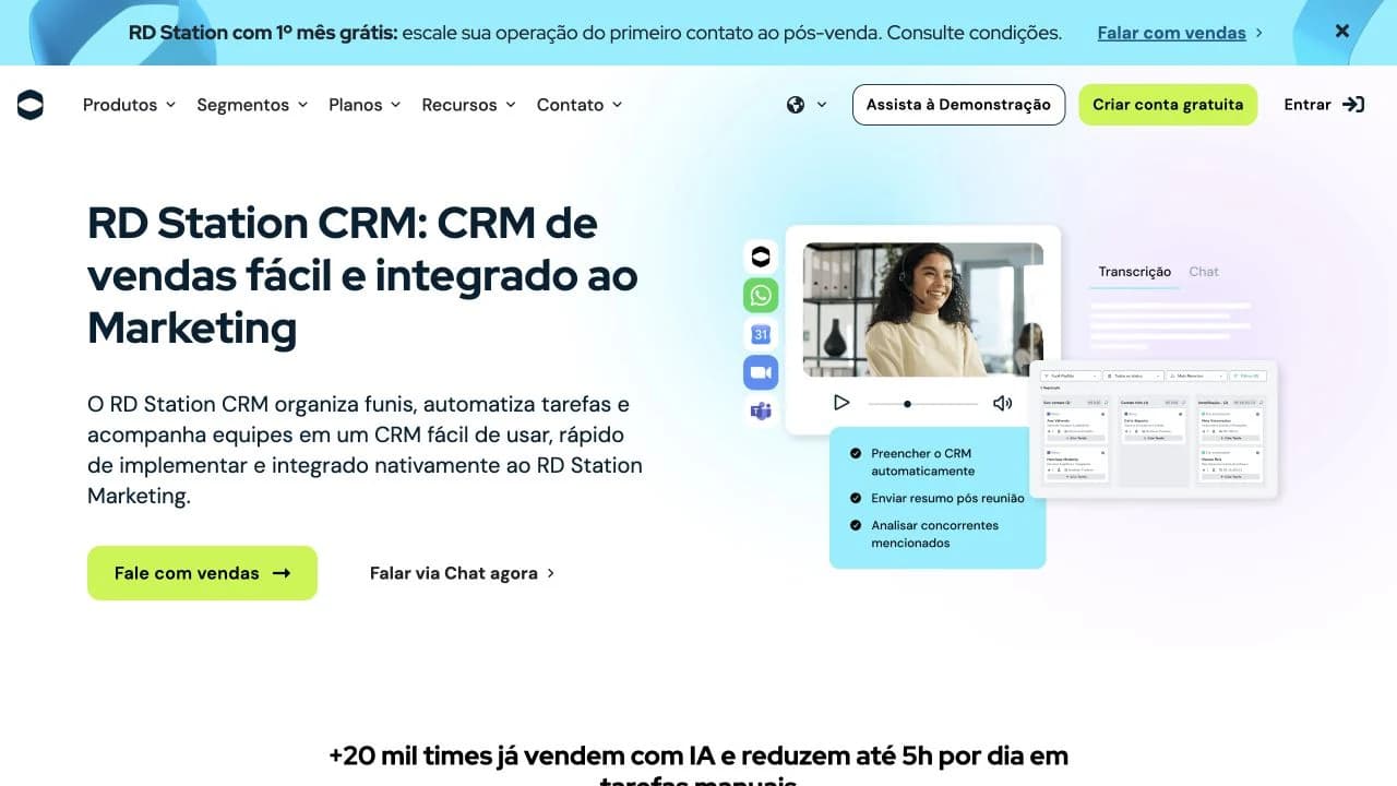 Página oficial do RD Station CRM mostrando recursos de IA e o funil de vendas